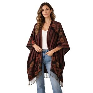 Pashmina Silk Blend Ruana Shawl Boho Kimono Wrap Fringe OS Boho